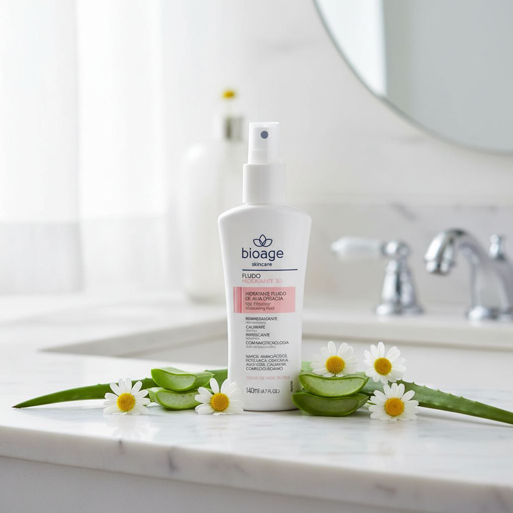 Fluido Hidratante 3D Bioage 140ml bancada de mármore com camomila