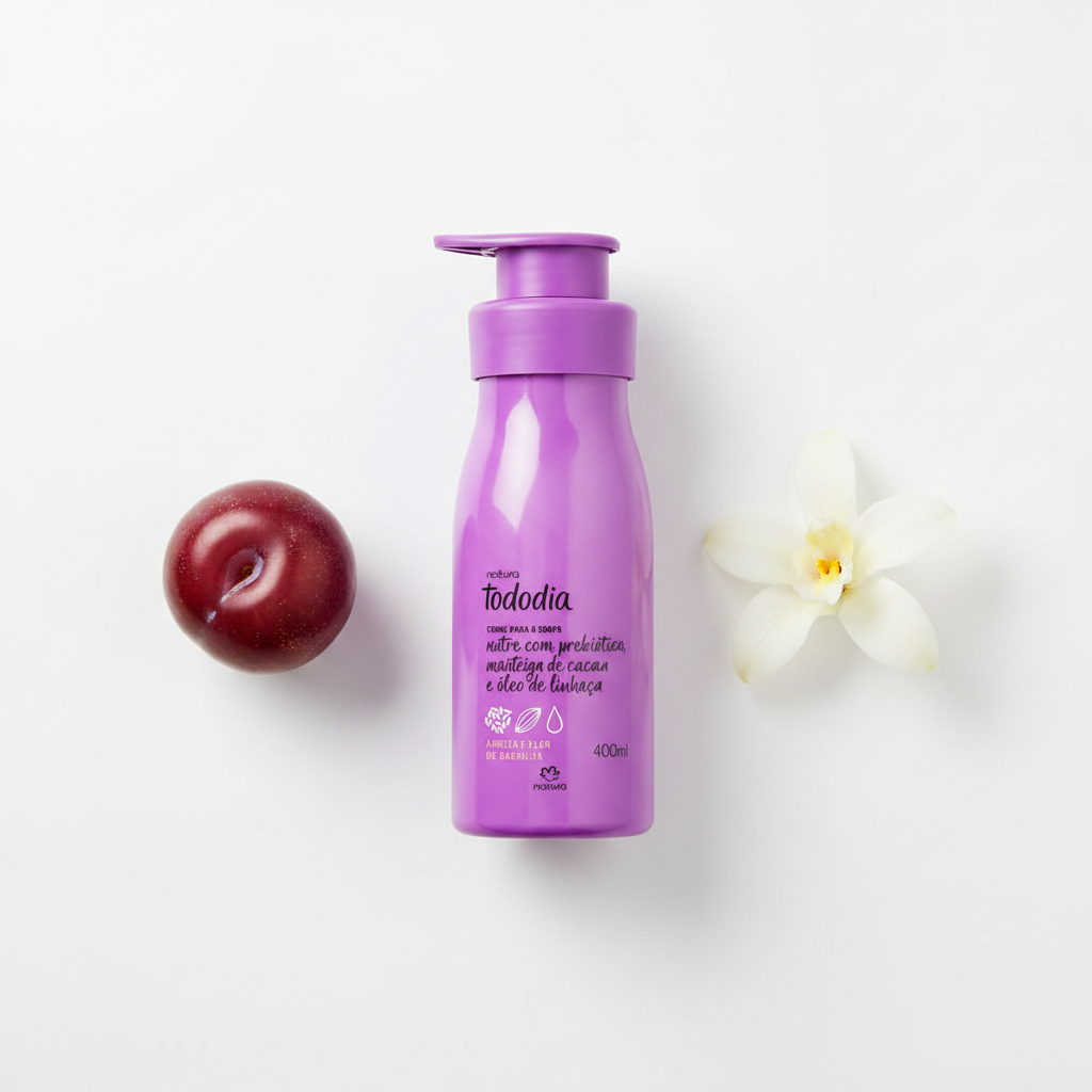 Creme Tododia Natura - flat lay com ameixa e baunilha