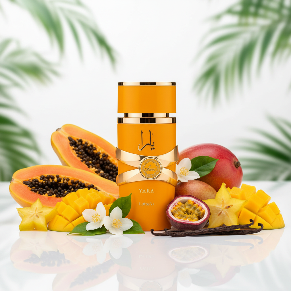 Lattafa Yara Tous - Composition artistique avec fruits tropicaux