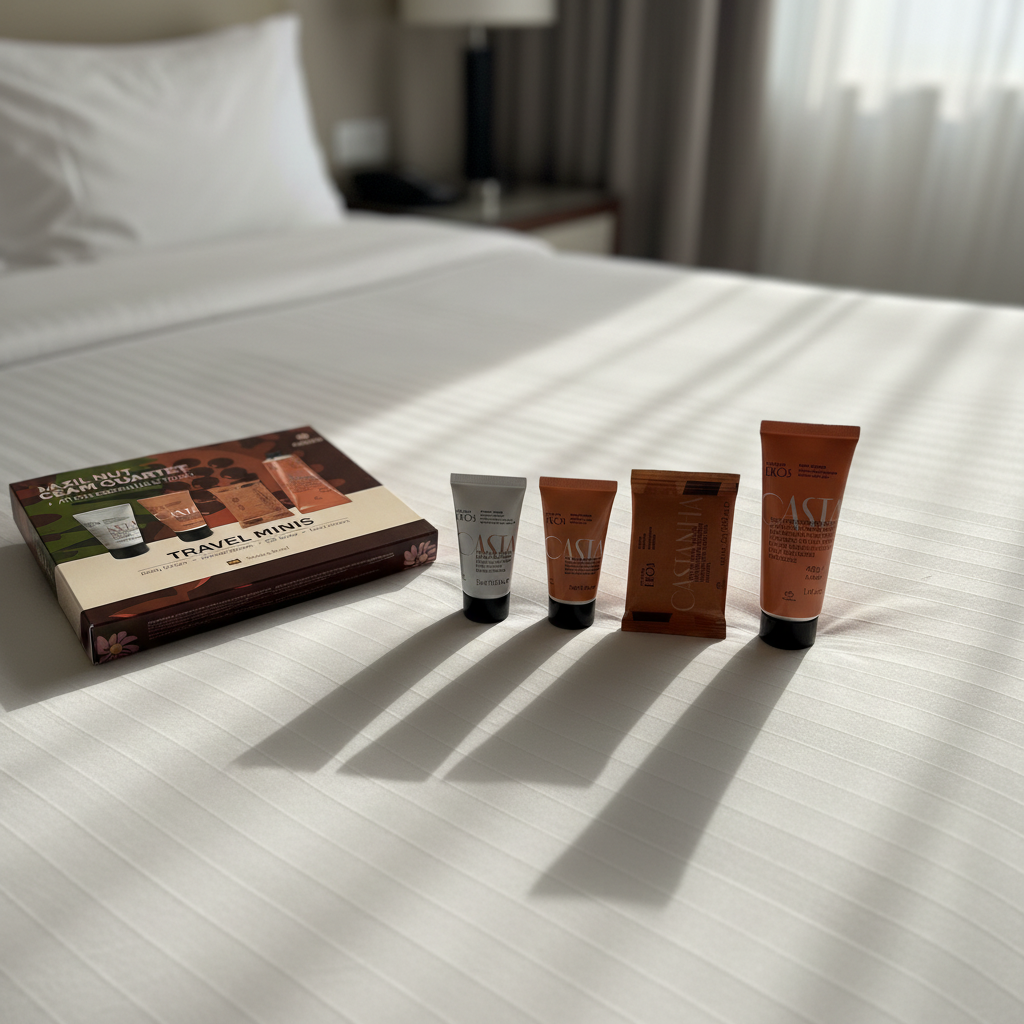 Produtos Ekos Castanha abertos na cama do hotel