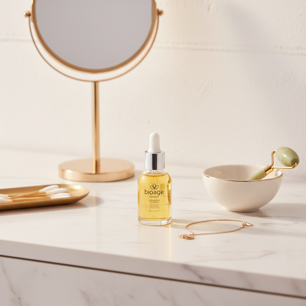 Sérum Pró-aging Bioage em ambiente vanity de luxo