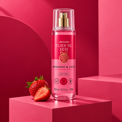 Body Splash Cuide-se Bem Morango & Leite 200 ml sobre base geométrica, ângulo três quartos