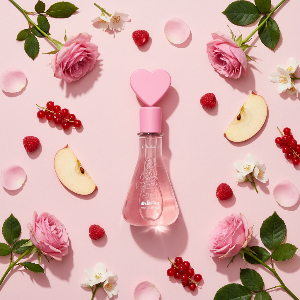 Composition flat lay avec fruits rouges, rose et jasmin