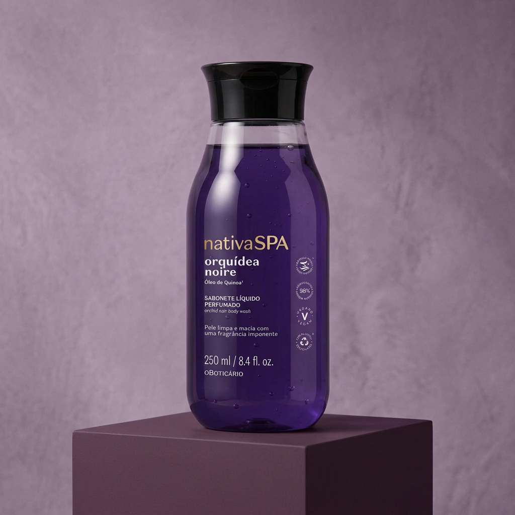 Nativa SPA Orquídea Noire sobre base geométrica em cenário lavanda