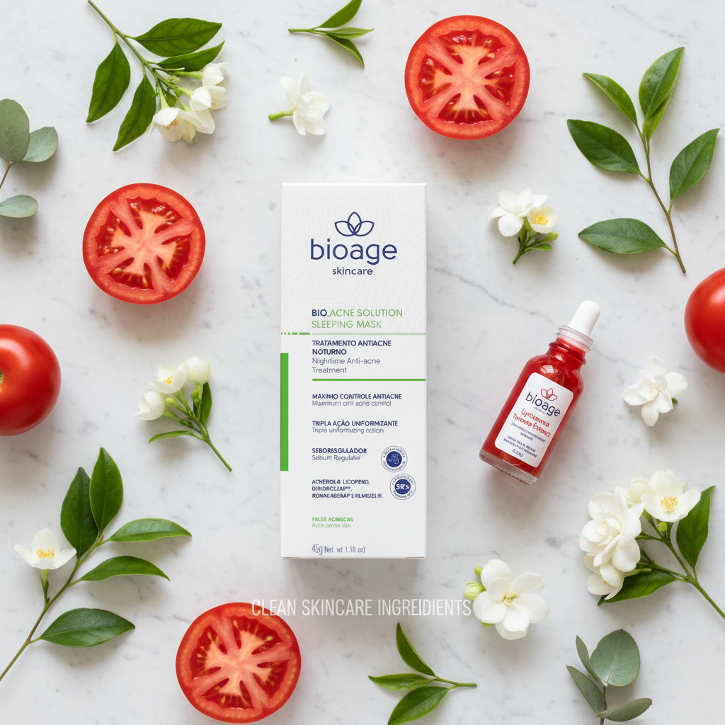 Bioage Sleeping Mask - flat lay ingredientes mármore
