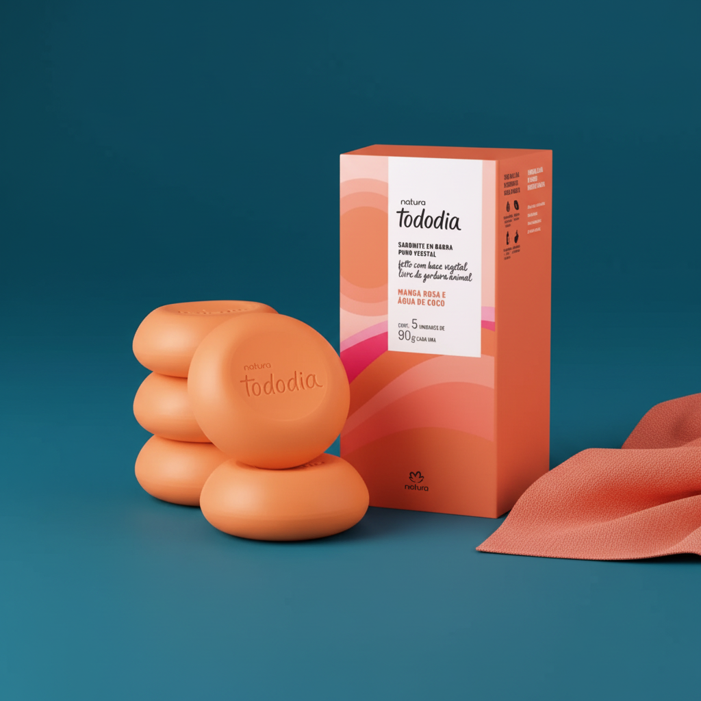 Kit Natura Tododia Manga Rosa e Água de Coco em ambientação minimalista azul com tecido coral