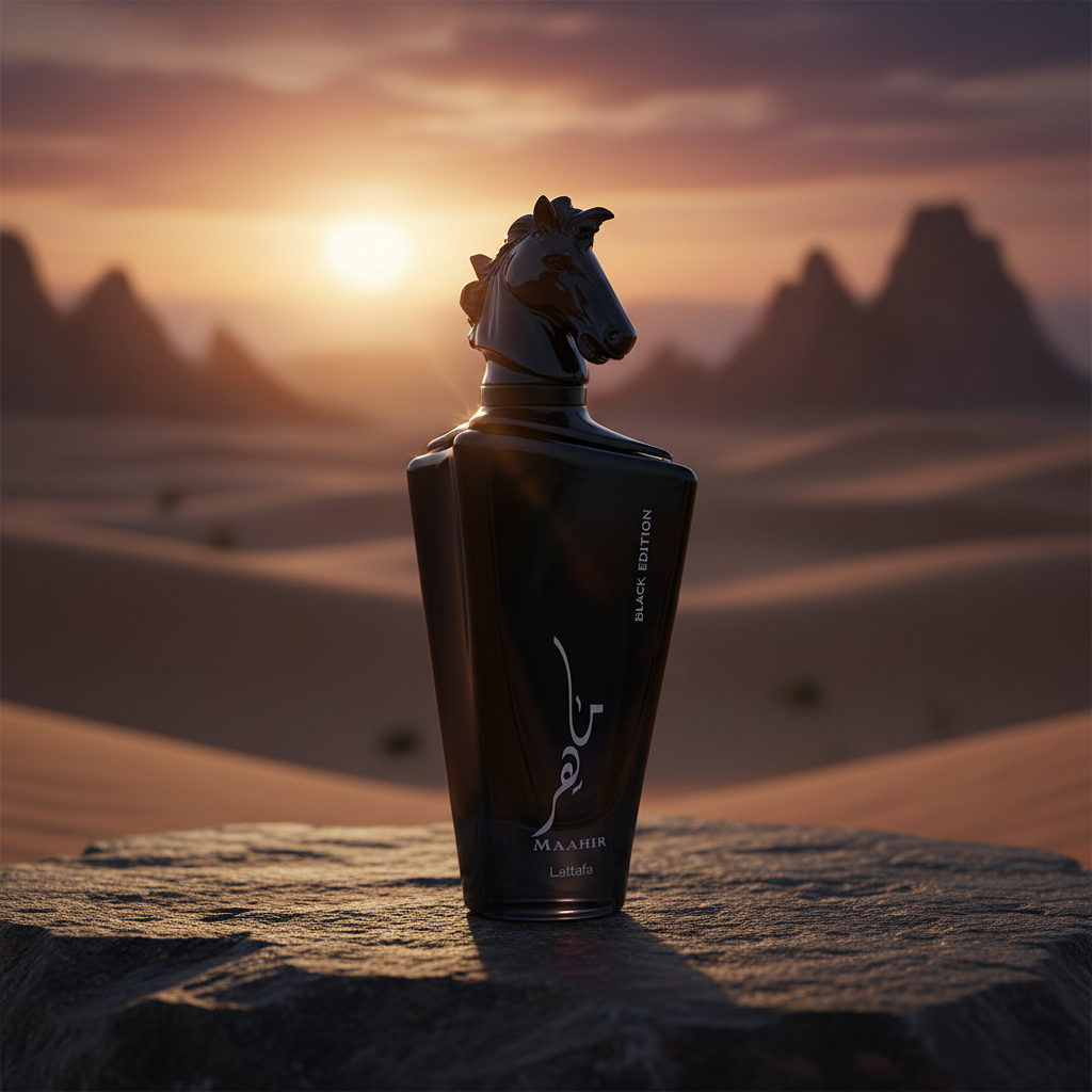 Lattafa Maahir Black Edition - Montanhas do Deserto ao Pôr do Sol