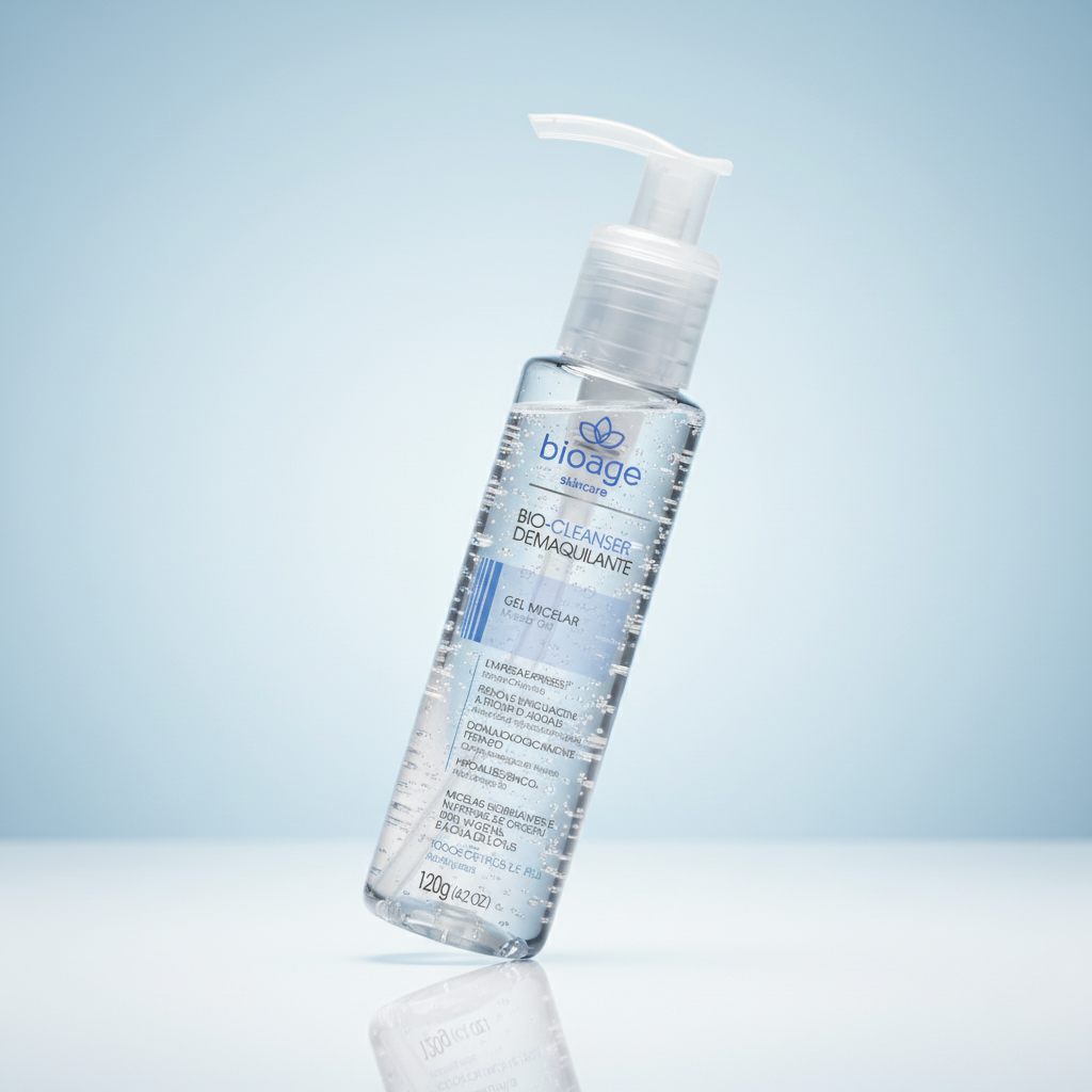 Demaquilante Gel Micelar Bioage 120g ângulo 45 graus fundo azul pastel