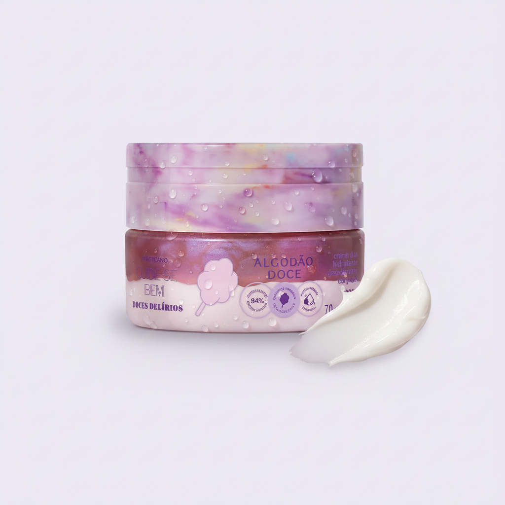 Creme Duo Hidratante Corporal Cuide-se Bem Doces Delírios - fundo lavanda com gotas