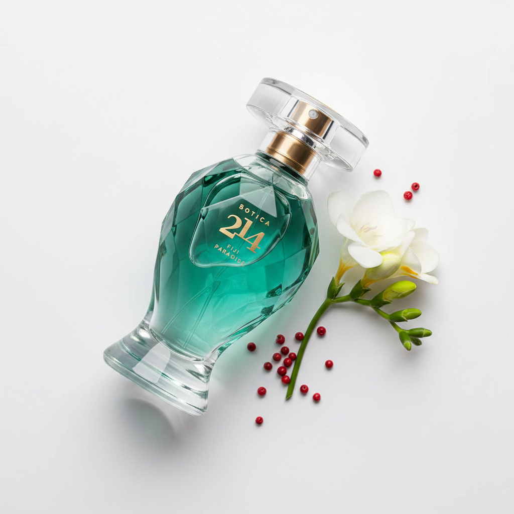 Botica 214 Fiji Paradise EDP feminino 75ml - flat lay frésia e pimenta rosa