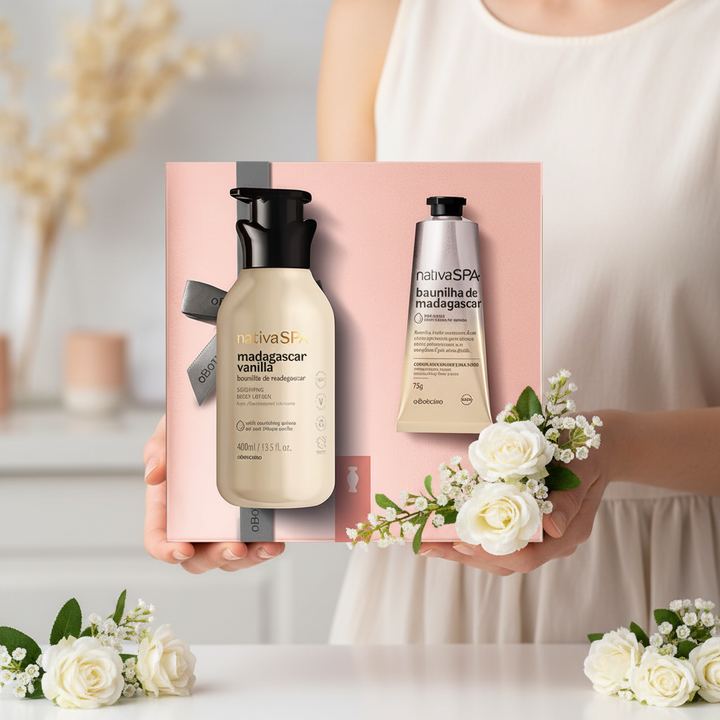 Mãos segurando kit presente Nativa SPA Baunilha de Madagascar para o Dia das Mães