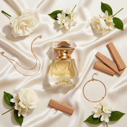 Elysée Blanc EDP – flat lay roses et ingrédients
