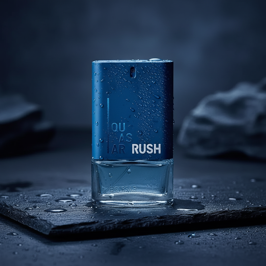 Quasar Rush Eau de Toilette 100ml sobre pedra escura com gotas de água