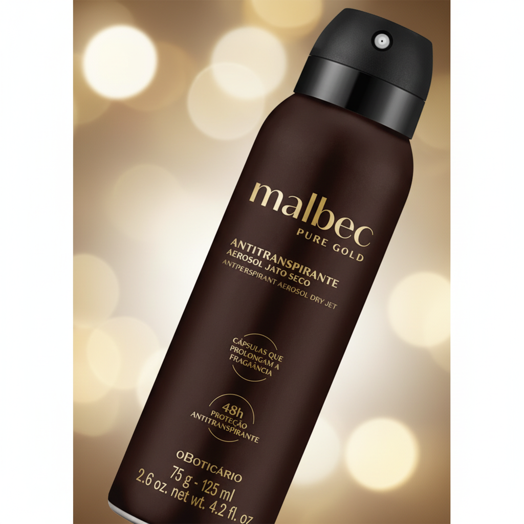 Close-up detalhes logo e acabamento dourado Malbec Pure Gold