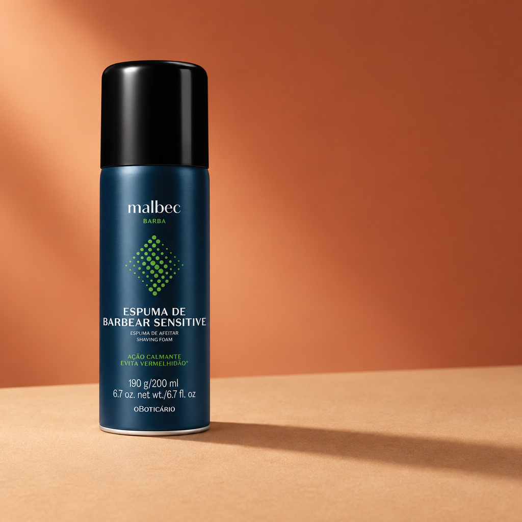 Espuma de Barbear Sensitive Malbec Barba sobre superfície fosca bege com iluminação lateral e sombra alongada em fundo terracota