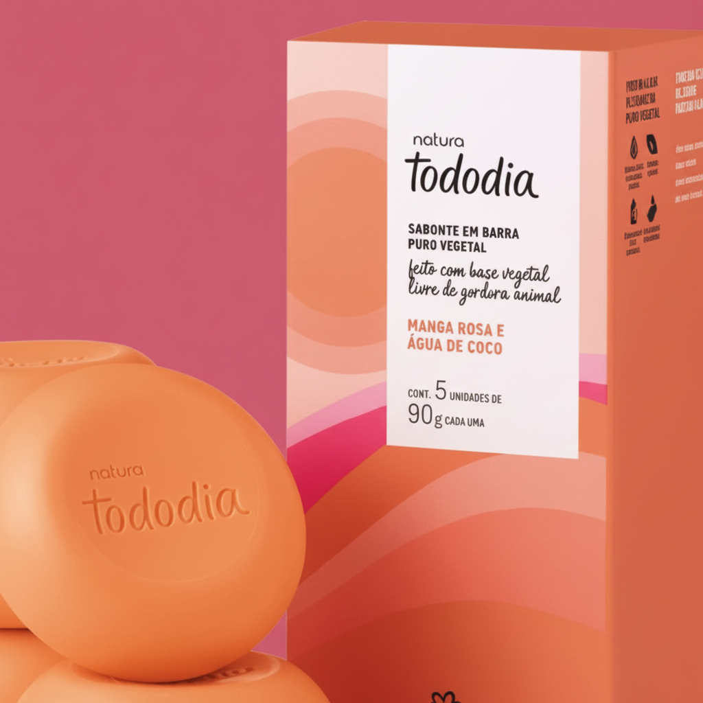 Detalhe premium do rótulo Natura Tododia Manga Rosa e Água de Coco em fundo coral