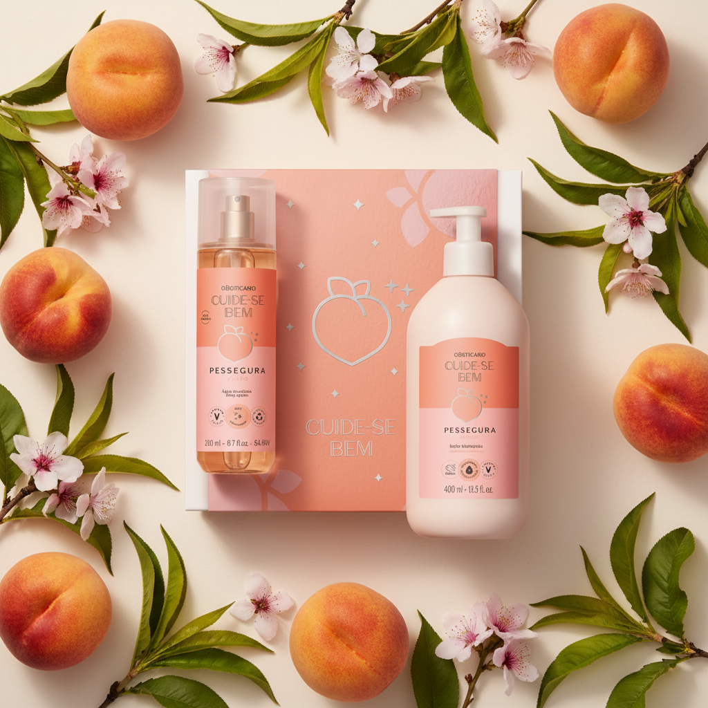 Coffret Pessegura - flat lay pêssegos flores