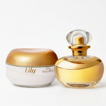 Conjunto Lily com pote branco e perfume dourado em fundo branco
