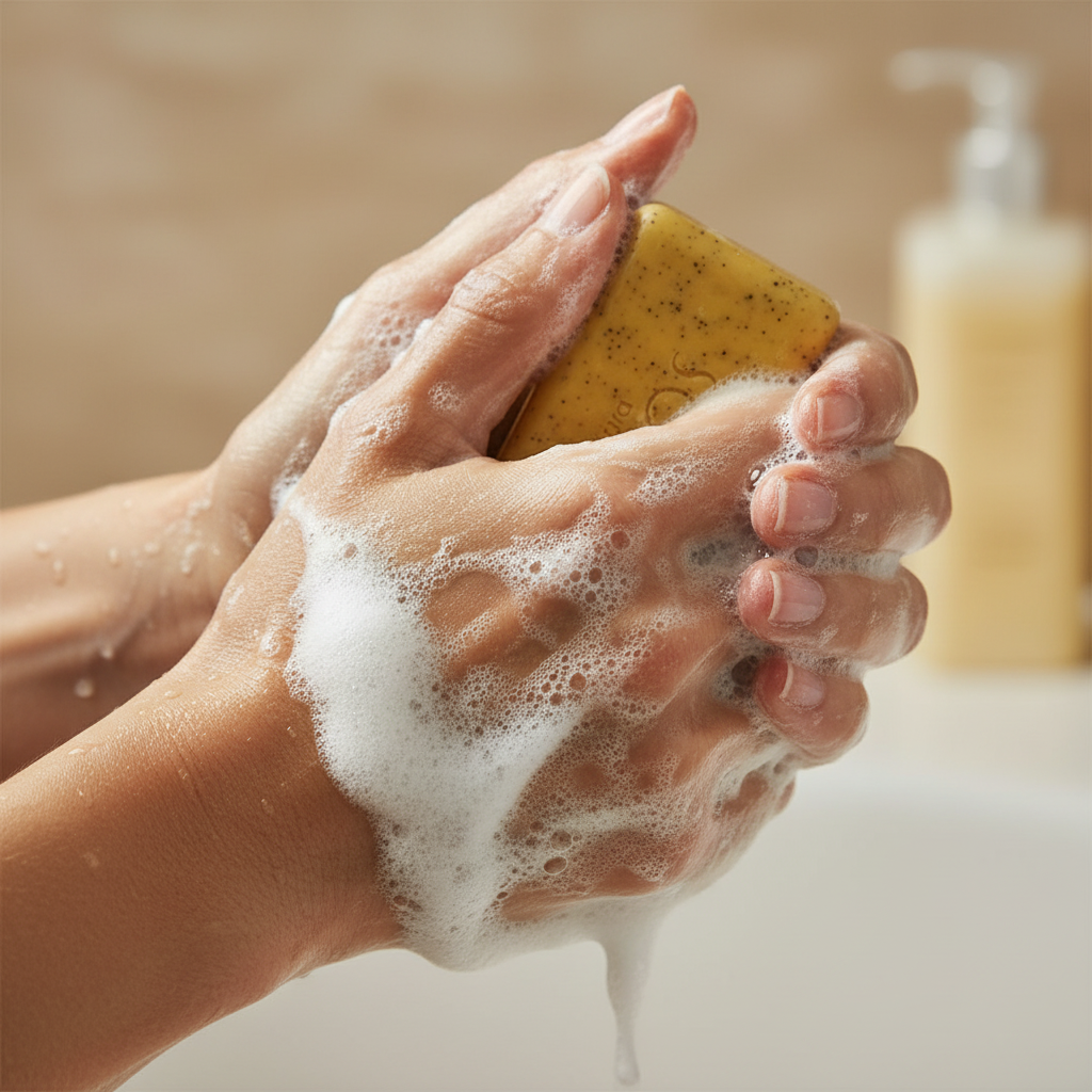 Sabonete Natura em uso com espuma cremosa