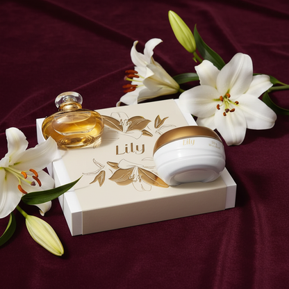 Coffret Lily com flores em superfície de veludo