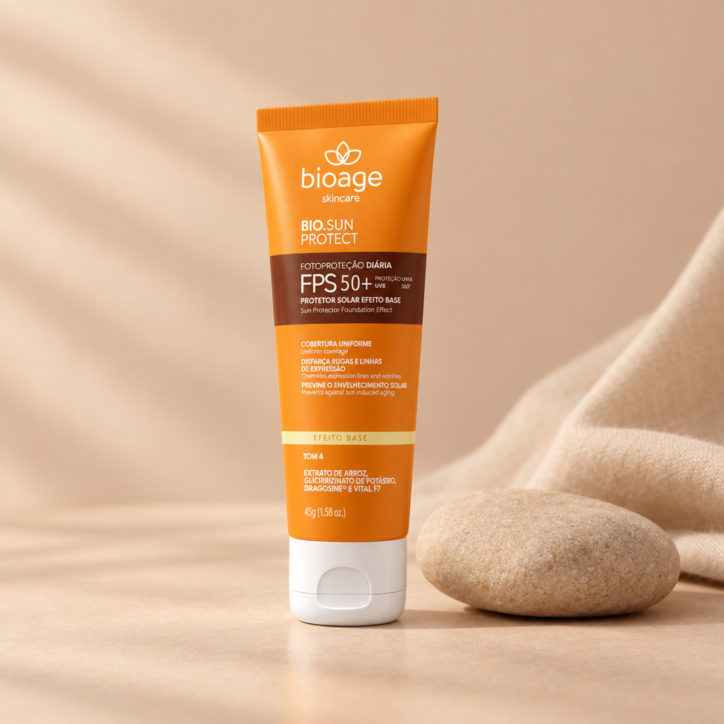 Bioage Bio-Sunprotect Protetor Solar Efeito Base FPS 50+ Tom 4, 45 g, ambientação minimalista com pedra e tecido bege