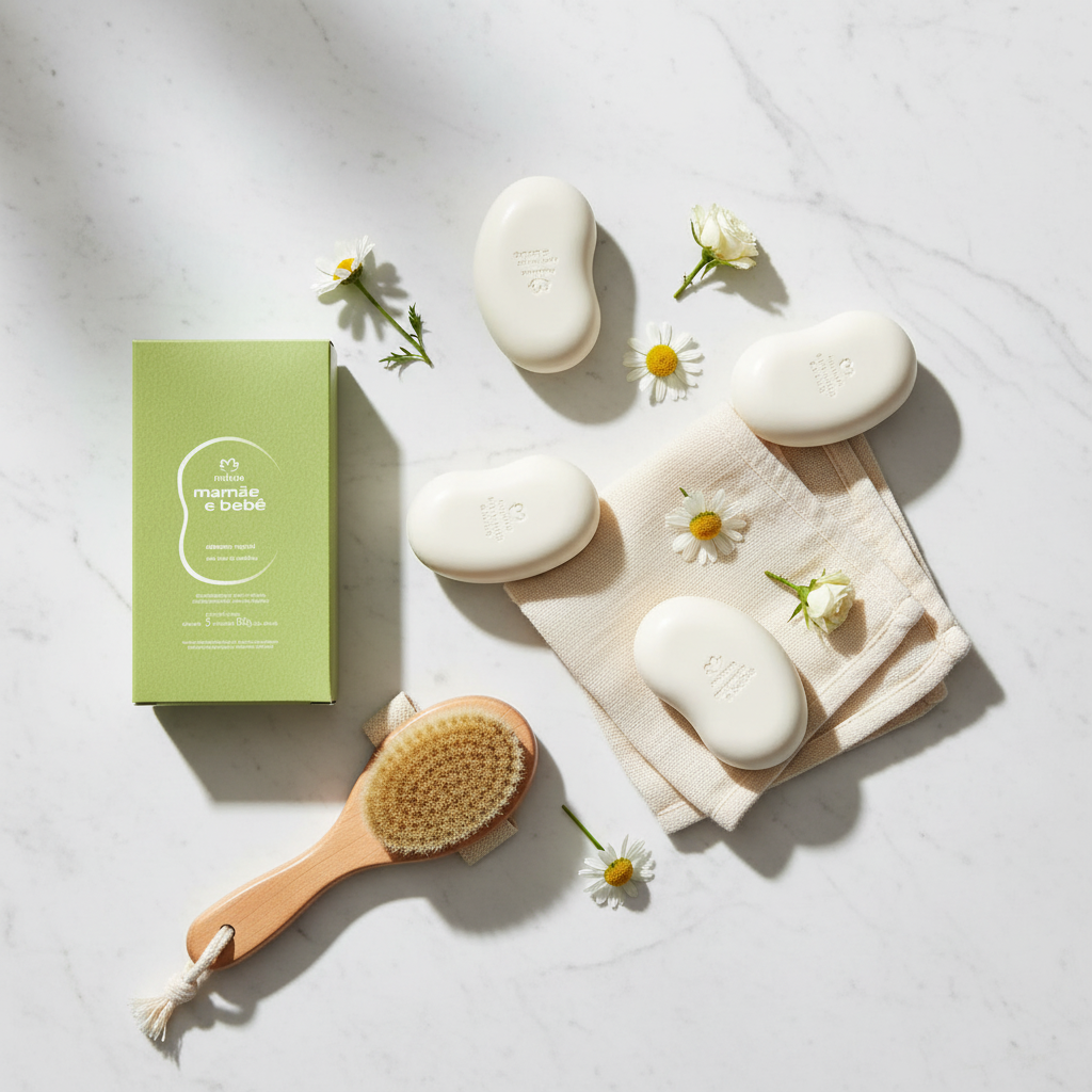 Composition minimaliste avec accessoires de bain bébé