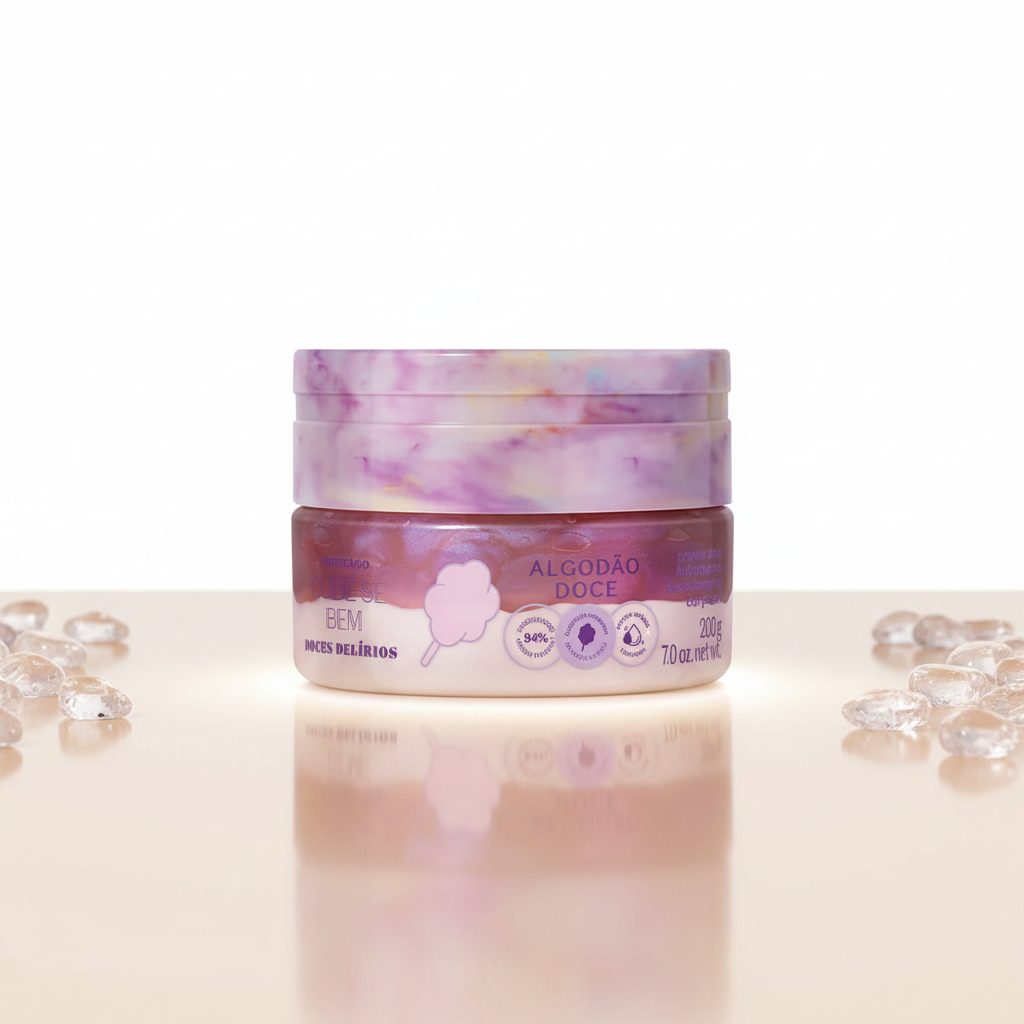 Creme Duo Hidratante Corporal Cuide-se Bem Doces Delírios - superfície nude com pedras claras
