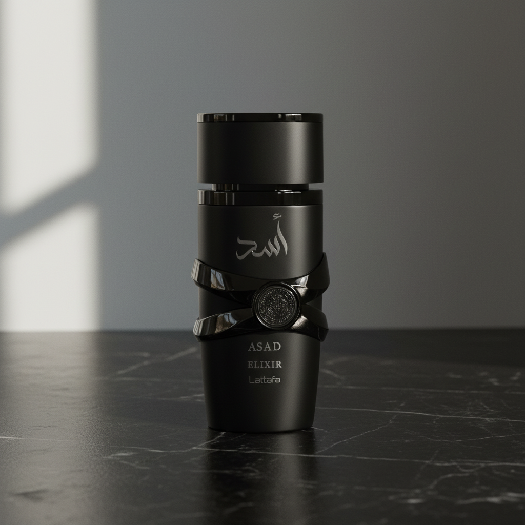 Lattafa Asad Elixir em superfície de mármore preto
