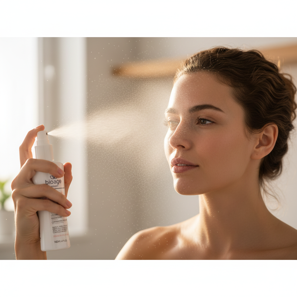 Aplicação do Fluido Hidratante 3D Bioage em spray no rosto