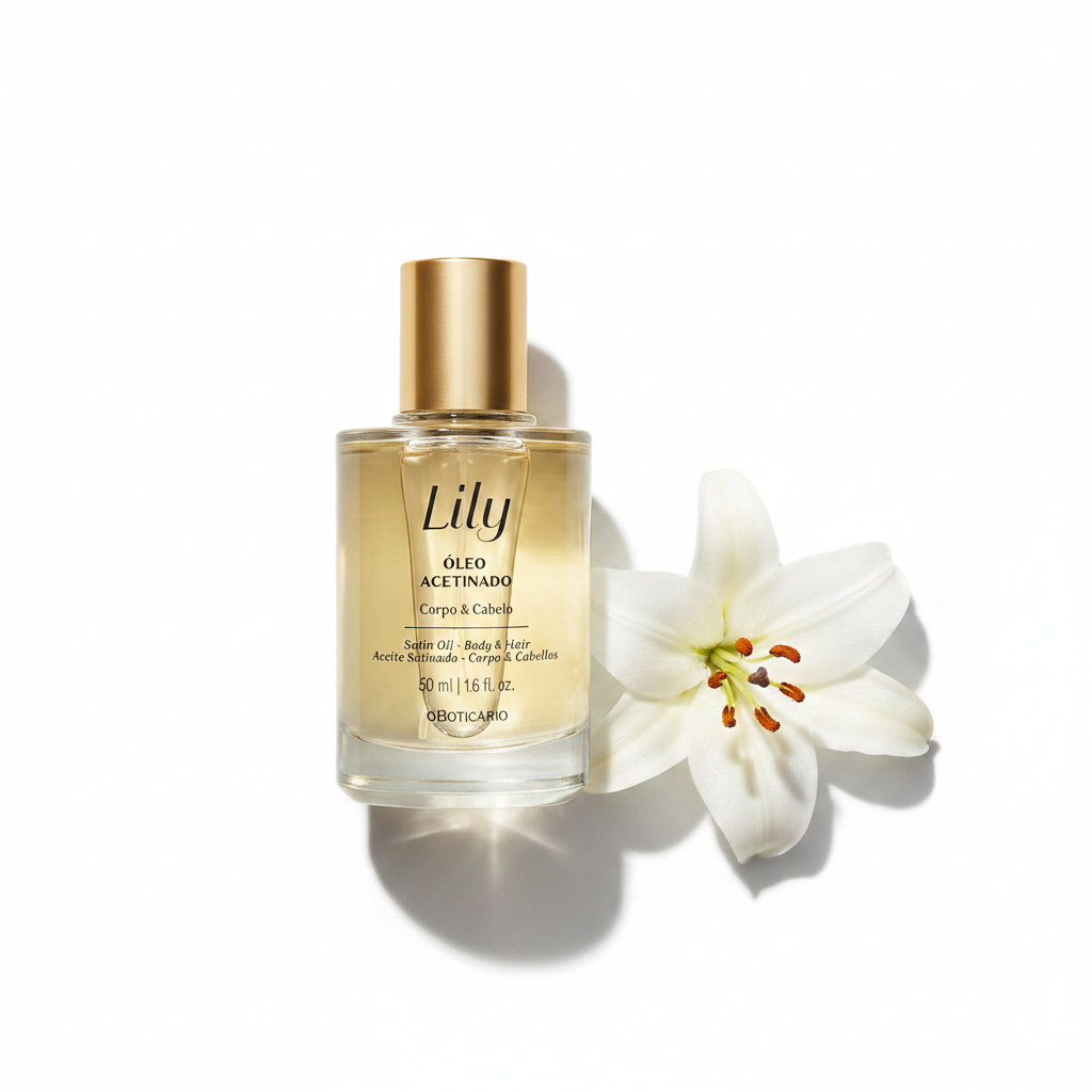 Óleo Acetinado Lily 50ml - flat lay com lírio branco