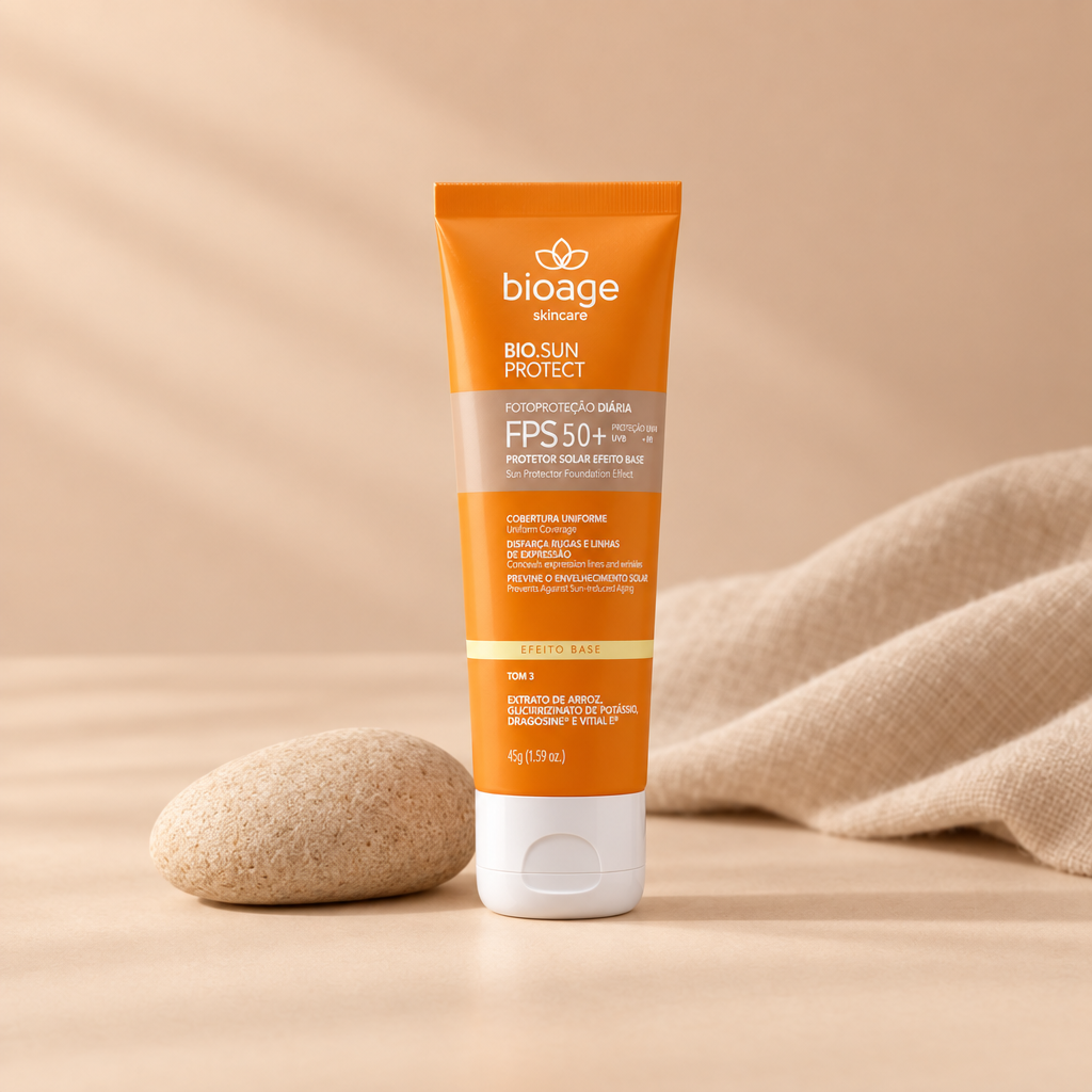 Bioage Bio-Sunprotect Protetor Solar Efeito Base FPS 50+ Tom 3, 45 g, ambientação minimalista com pedra e tecido bege