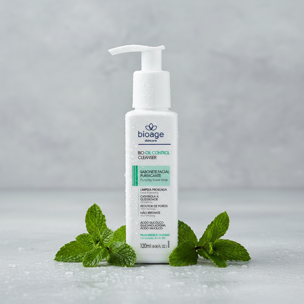 Sabonete Facial Purificante Bioage com menta e gotas de água em superfície cinza