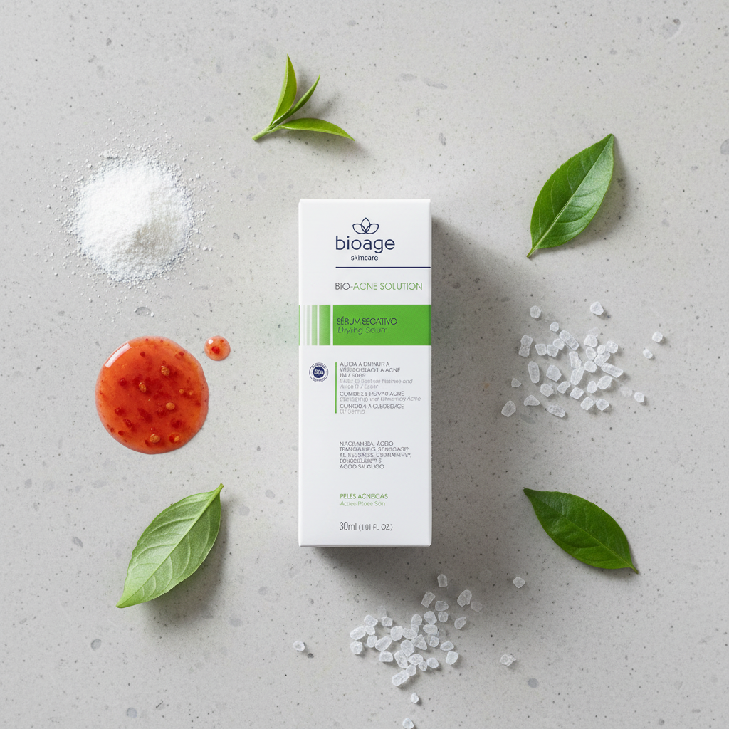 Bioage Bio-Acne Solution Sérum - flat lay ingredientes