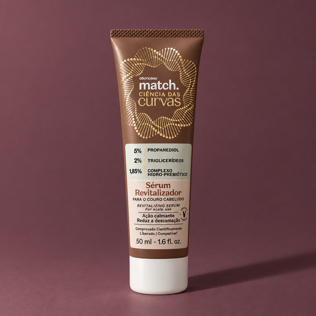 Sérum Revitalizador Match Ciência das Curvas 50ml com luz lateral e sombra alongada sobre fundo vinho