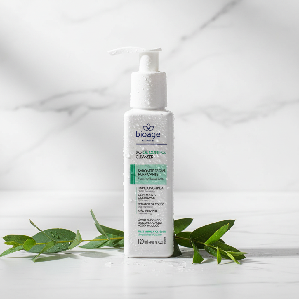 Sabonete Facial Purificante Bioage 120ml em bancada de mármore com folhas verdes