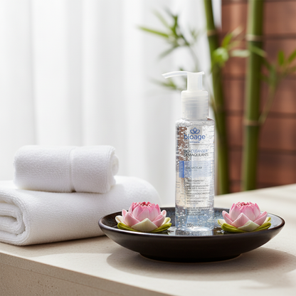 Demaquilante Gel Micelar Bioage em ambiente spa com flores de lótus