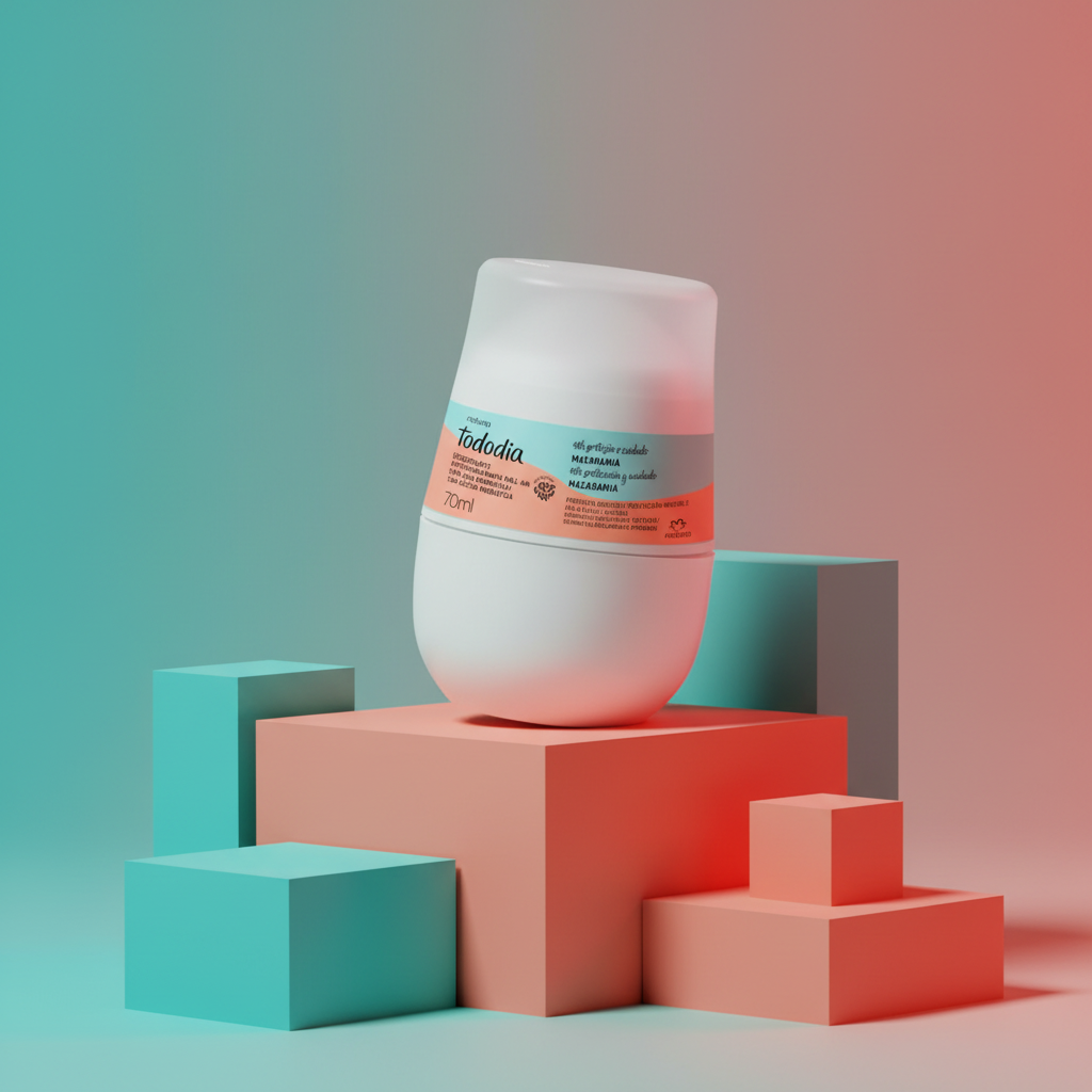 Desodorante Antitranspirante Roll-on Tododia Macadâmia 70 ml em composição arquitetônica com bases geométricas