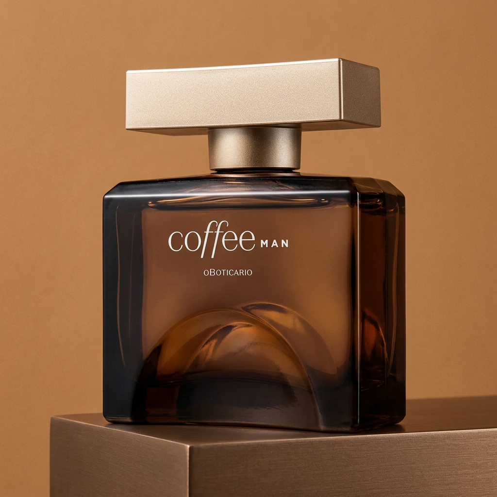 Coffee Man sobre base geométrica em cenário caramelo