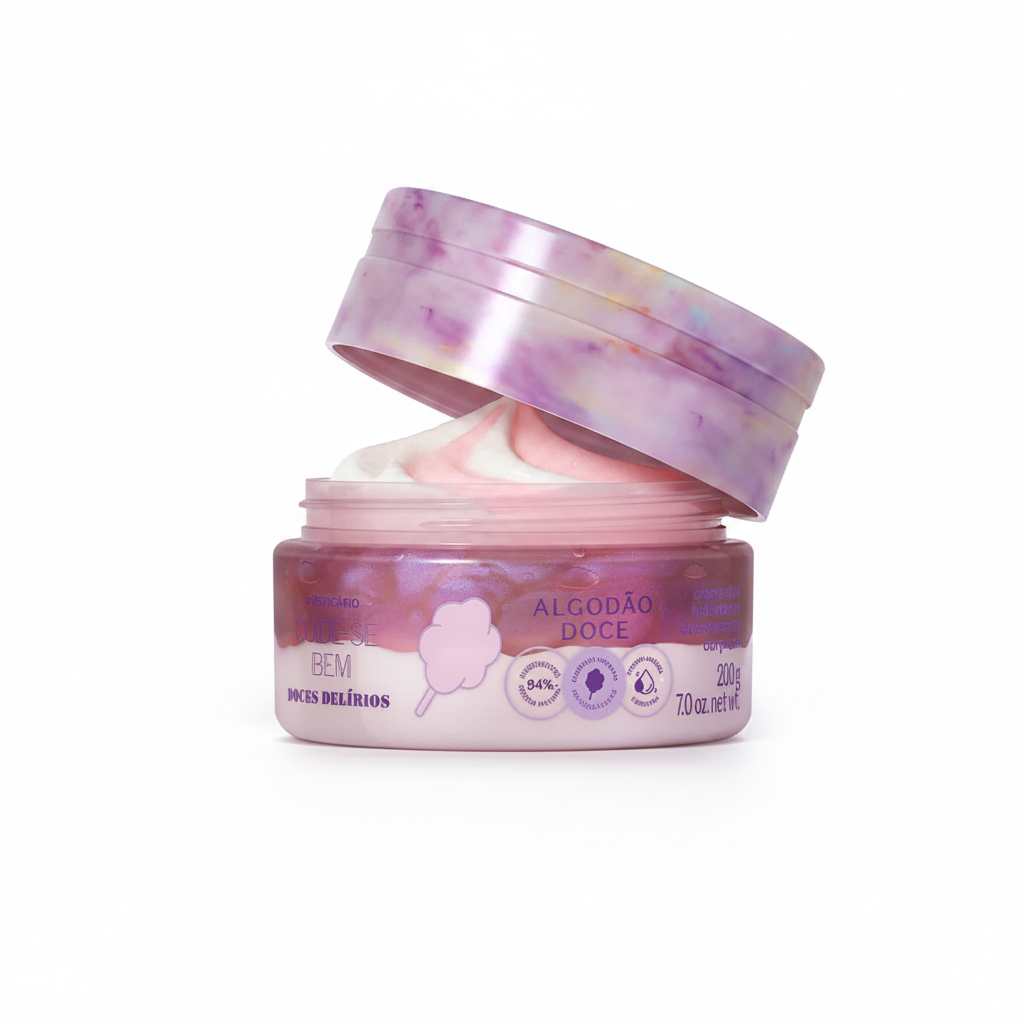 Creme Duo Hidratante Corporal Cuide-se Bem Doces Delírios - pote aberto com textura duo
