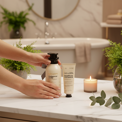 Kit Nativa SPA Baunilha de Madagascar em ambiente spa com mãos de textura natural