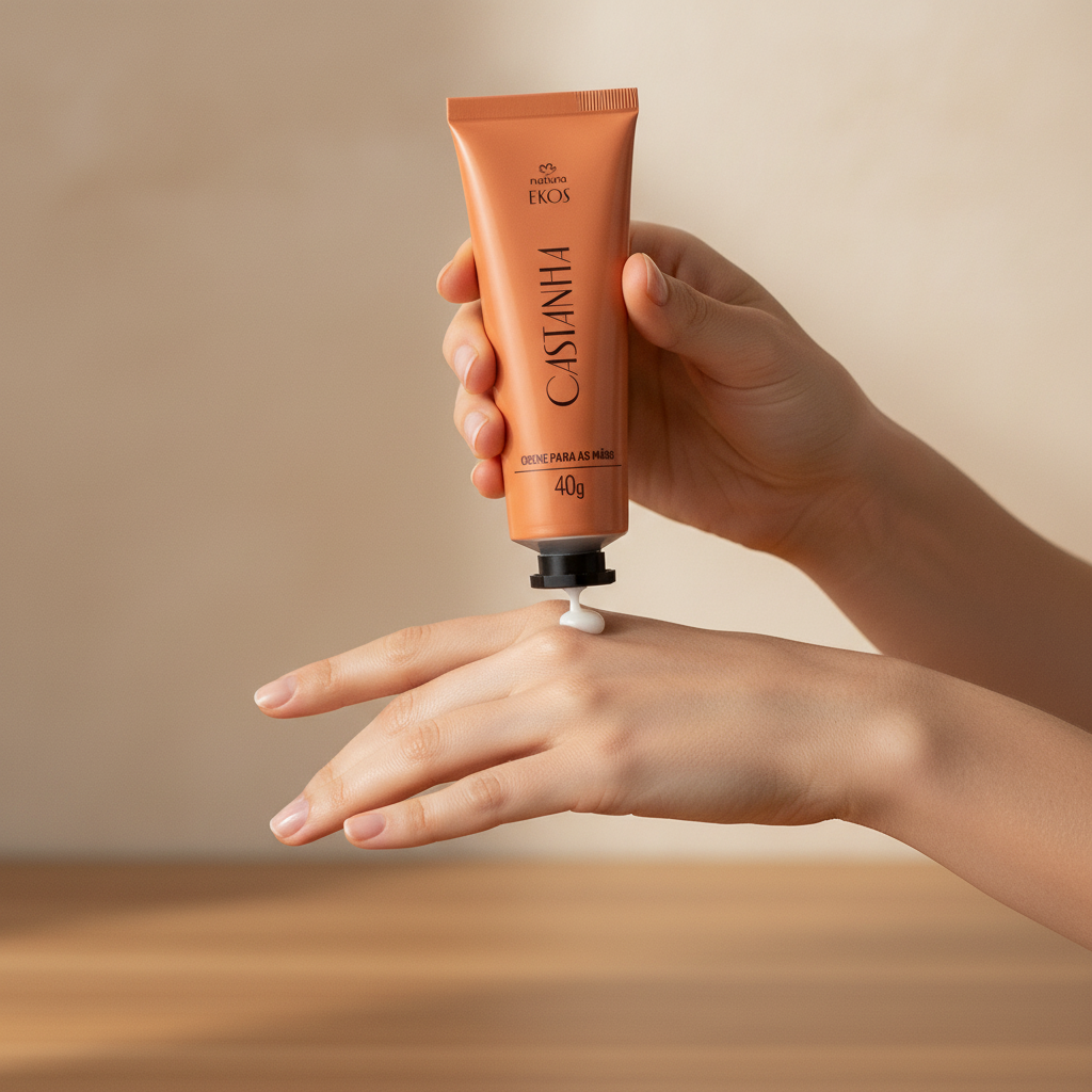 Creme Hidratante Mãos Ekos Castanha Natura 40g - mãos aplicando creme
