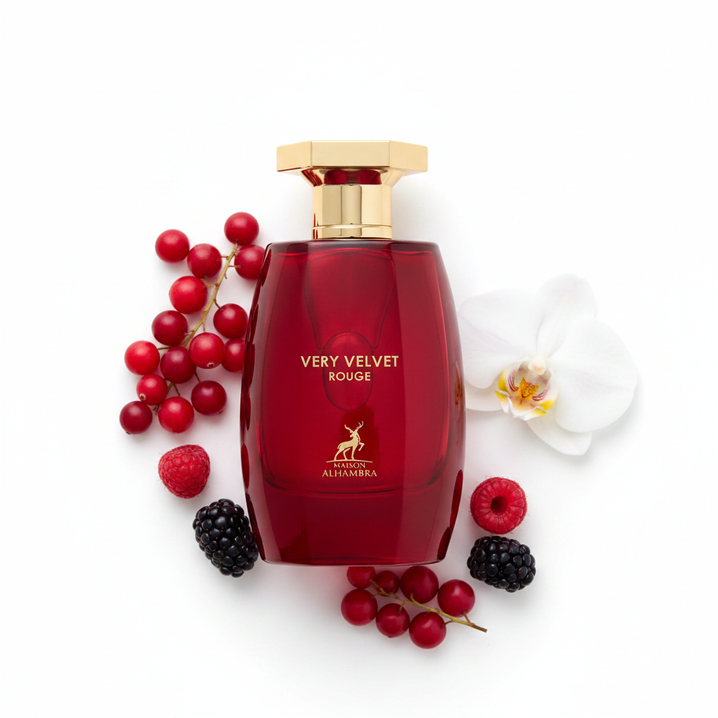 Maison Alhambra Very Velvet Rouge 100ml - flat lay ingredientes
