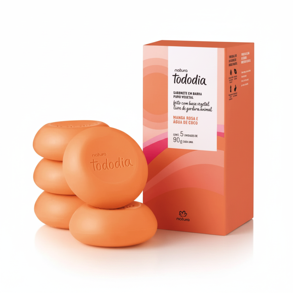 Kit Natura Tododia Manga Rosa e Água de Coco com sabonetes em fundo branco puro