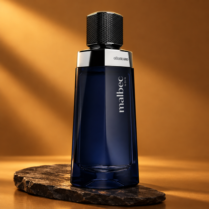 Malbec ND13 Eau de Parfum em cenário minimalista sobre pedra escura com fundo âmbar