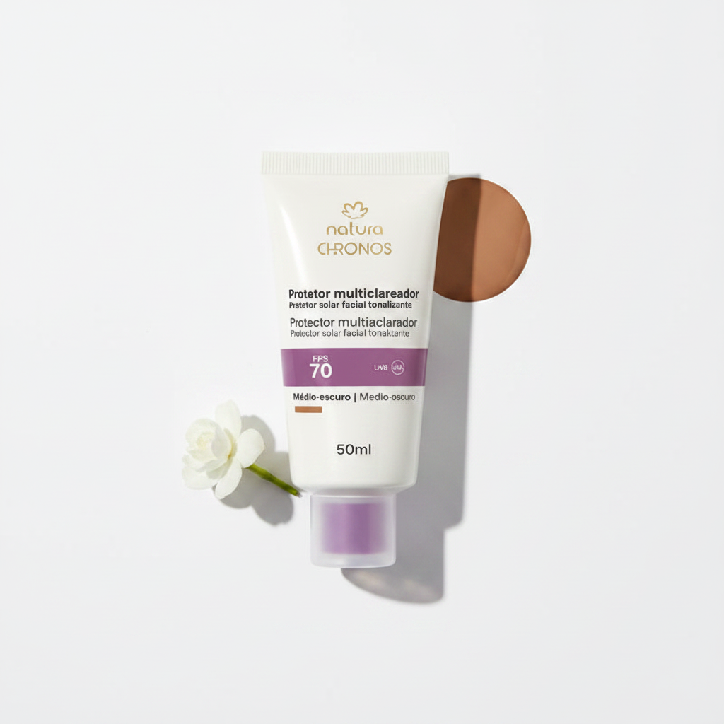 Natura Chronos Protetor Clareador FPS 70 Médio Escuro 50ml – Flat Lay
