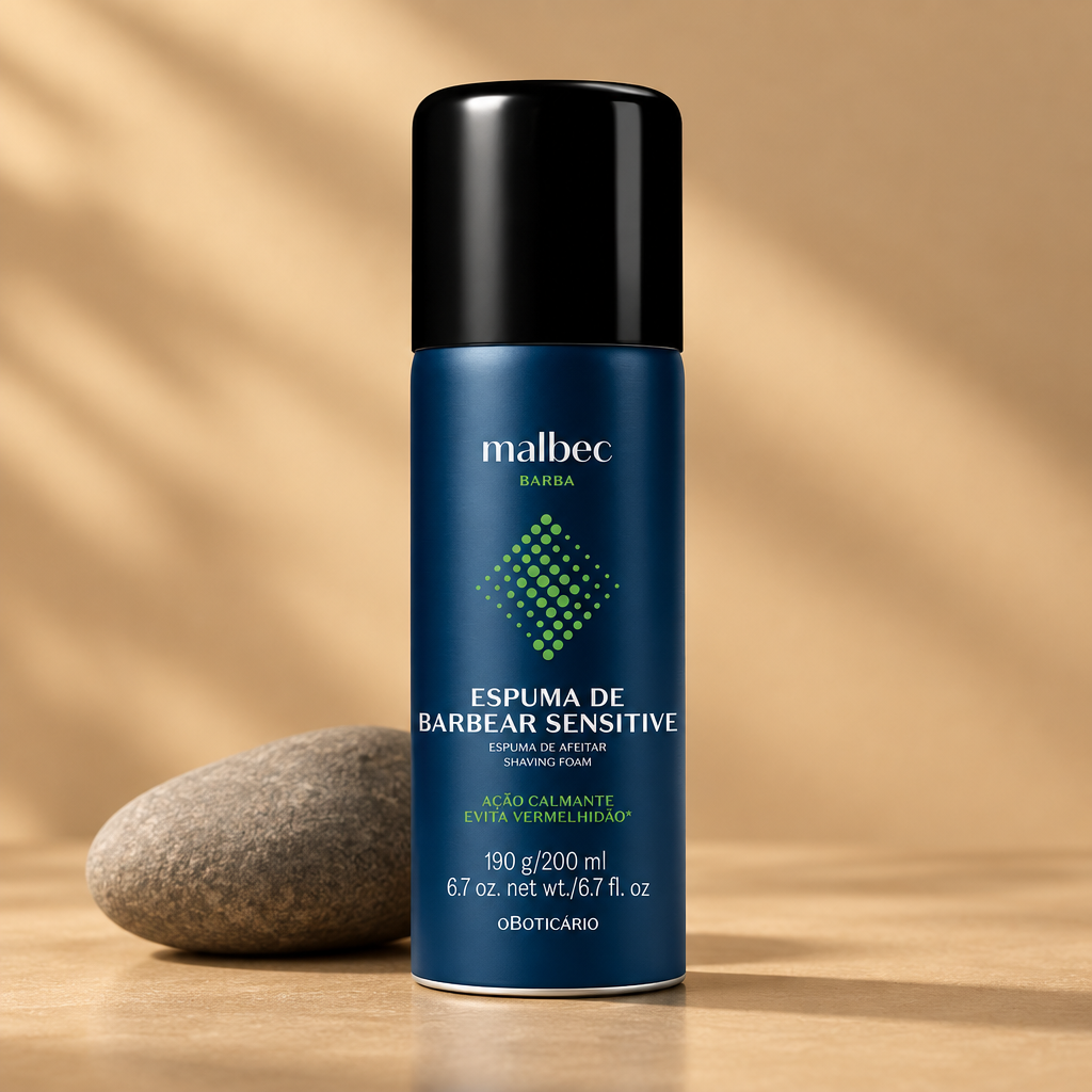 Espuma de Barbear Sensitive Malbec Barba em cenário minimalista com pedra cinza e fundo bege dourado