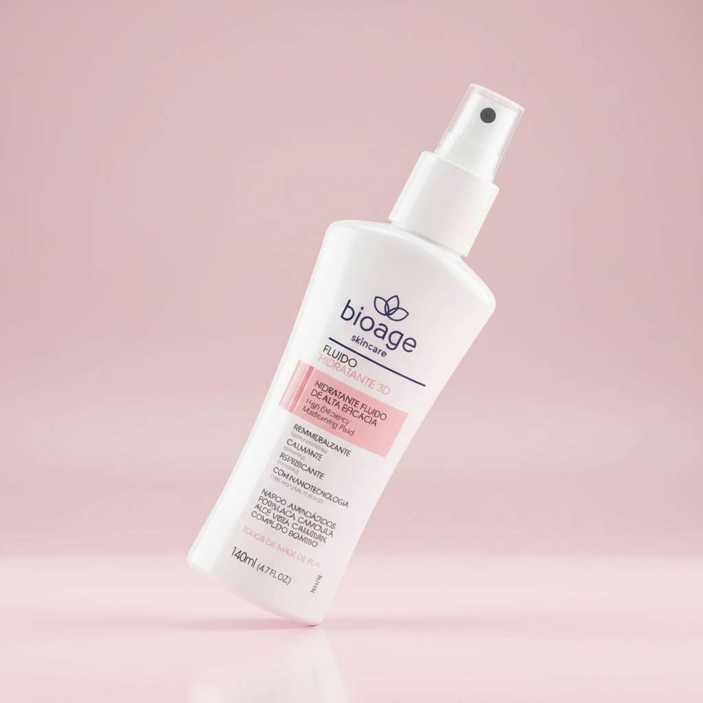 Fluido Hidratante 3D Bioage 140ml ângulo 45 graus fundo rosa pastel