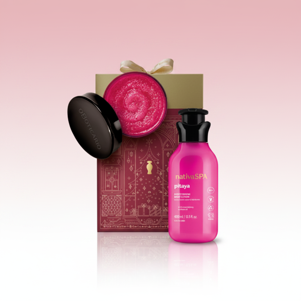 Coffret Nativa SPA Pitaya em ângulo 45 graus com fundo degradê rosa