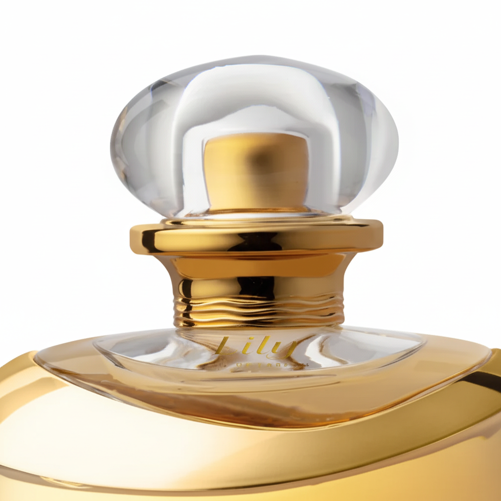 Detalhe da tampa dourada e cristal do Lily Eau de Parfum