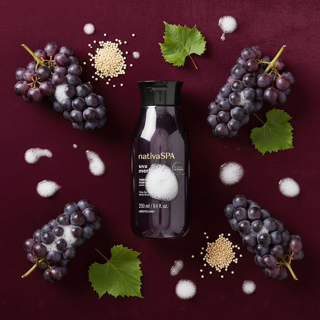 Savon Nativa Spa Uva Merlot – flat lay ingrédients naturels